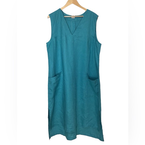 Mondo Bellisimo Handmade Teal Blue Linen V Neck Midi Sleeveless Shift Dress NWOT - Picture 5 of 9